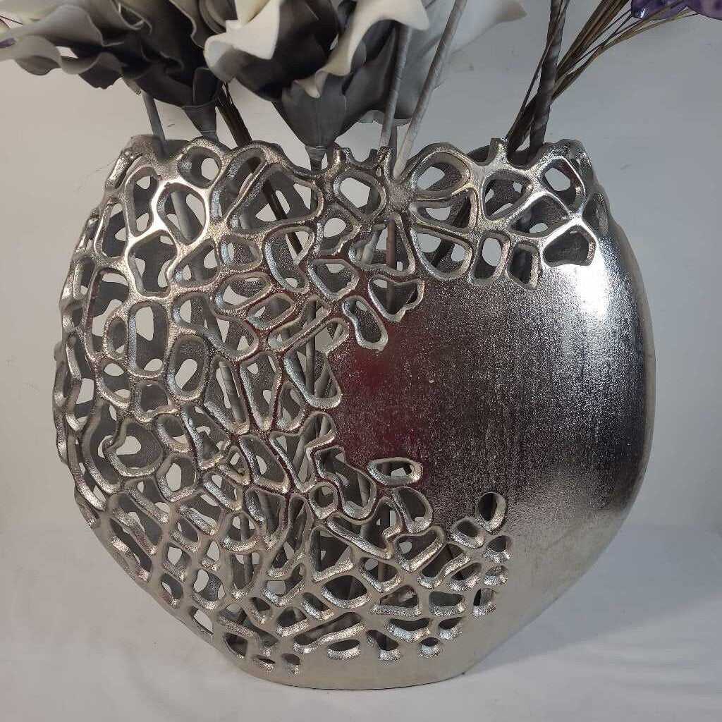 LG SILVER VASE W/PURPLE, GREY & WHITE FLORAL