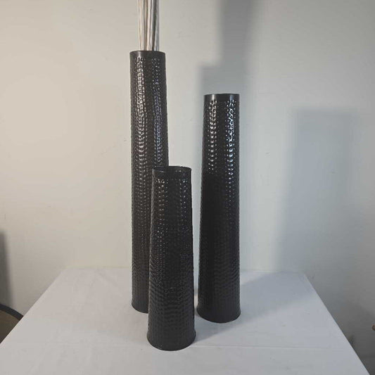 S/3 PUNCHED TIN VASES W/WHITE STICKS