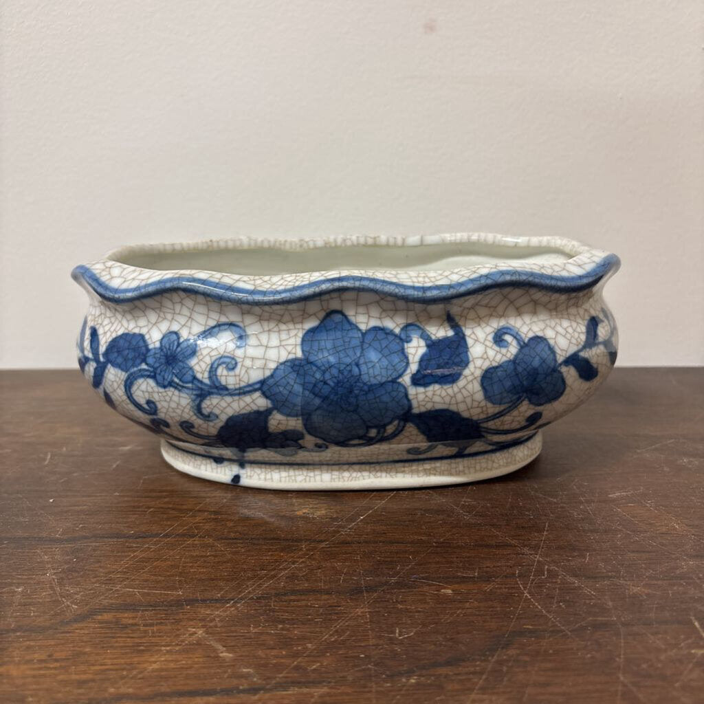 PLANTER BONSAI, SUCCULENTS OVAL PLANTER BLUE AND WHITE CRACKE FINISH