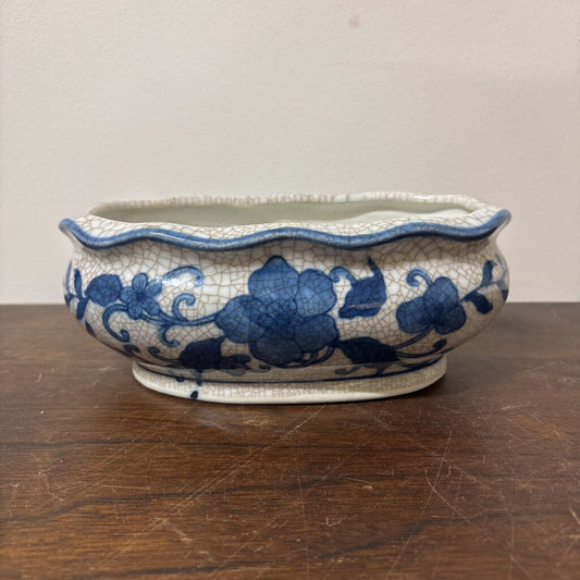 PLANTER BONSAI, SUCCULENTS OVAL PLANTER BLUE AND WHITE CRACKE FINISH
