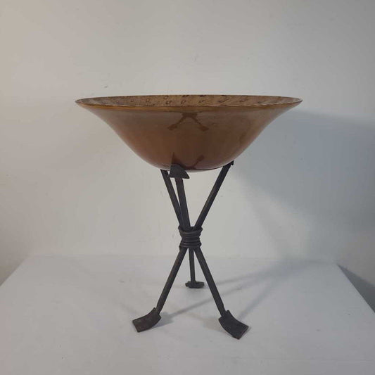 BLOWN GLASS TAN/BROWN BOWL ON METAL STAND