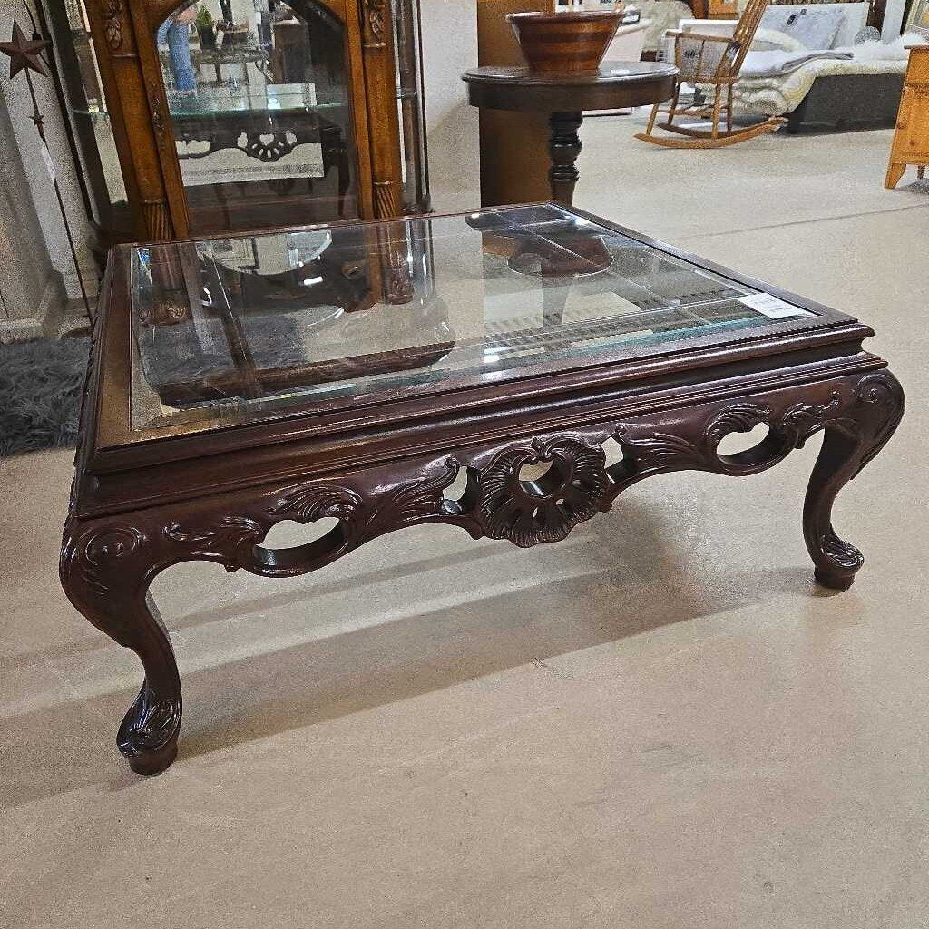 ORNATE GLASS TOP COFFEE TABLE
