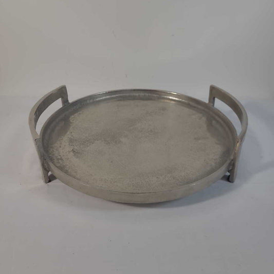 ROUND METAL SILVER TRAY W/HANDLES