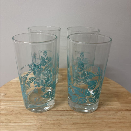 SET OF 4 SCREEN PRINTED LEAF DESIGN GLASSES BY DOMINION GLASS CANADIAN 1950'S