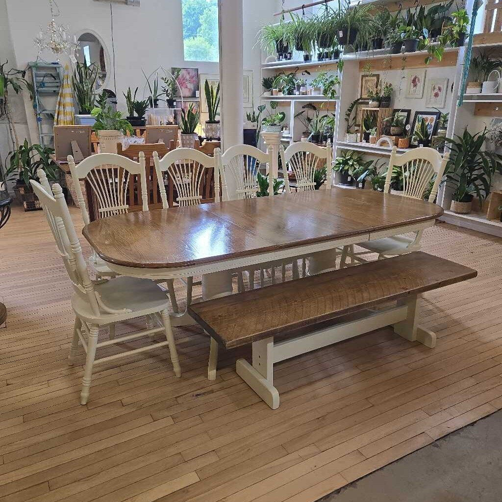 REFINISHED TABLE 6 CHAIRS & BENCH 24"LEAF
