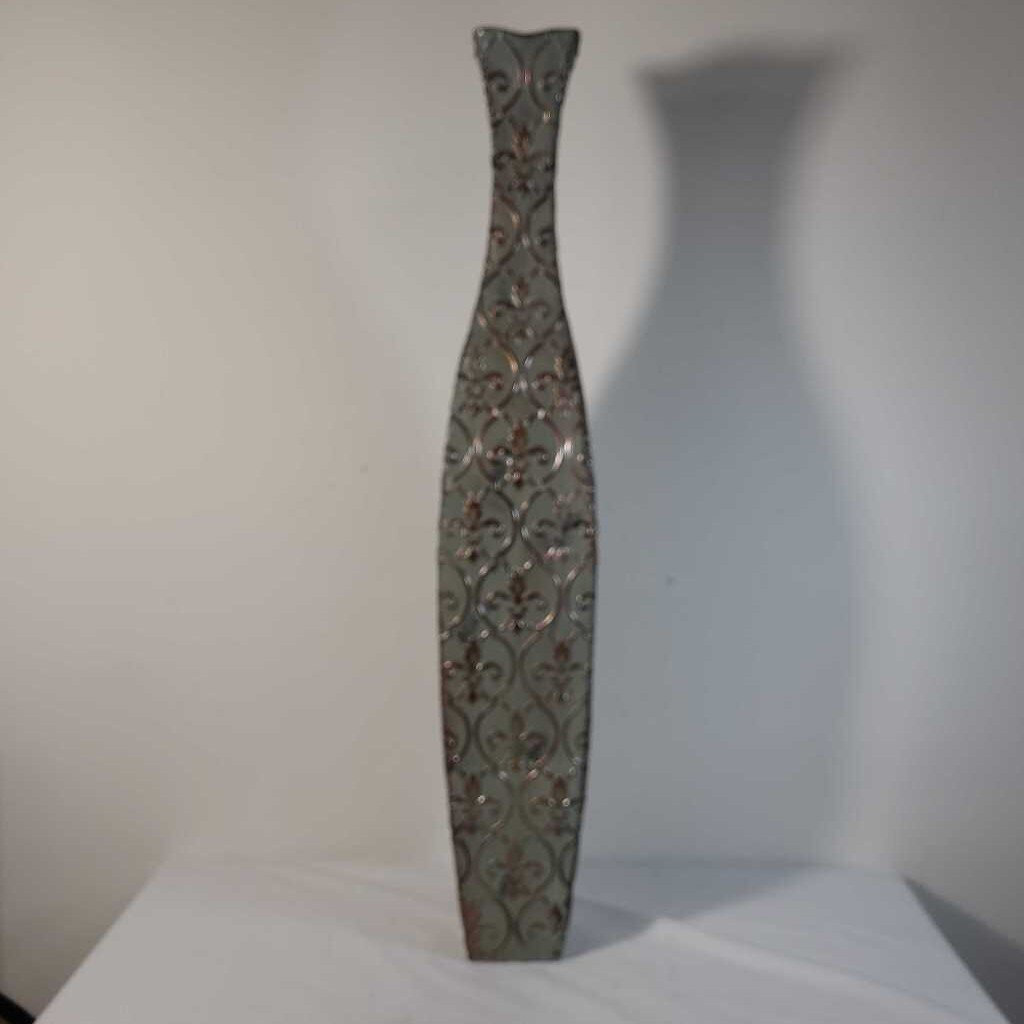 TALL GREEN/BROWN TIN VASE