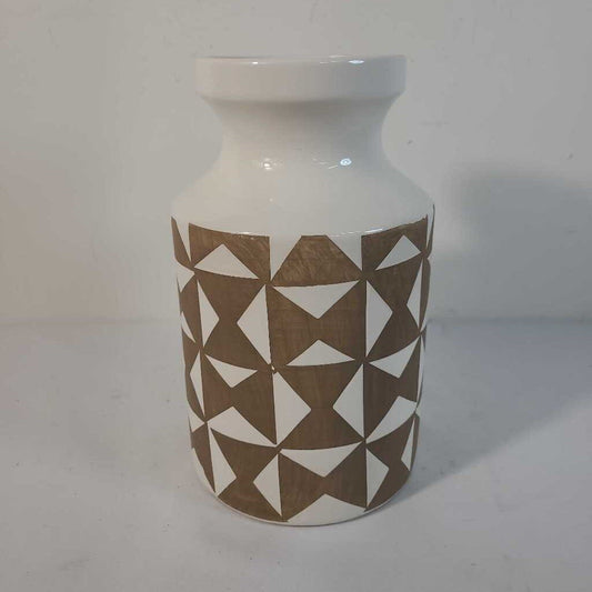 CREAM CERAMIC VASE W/ TAN INLAY