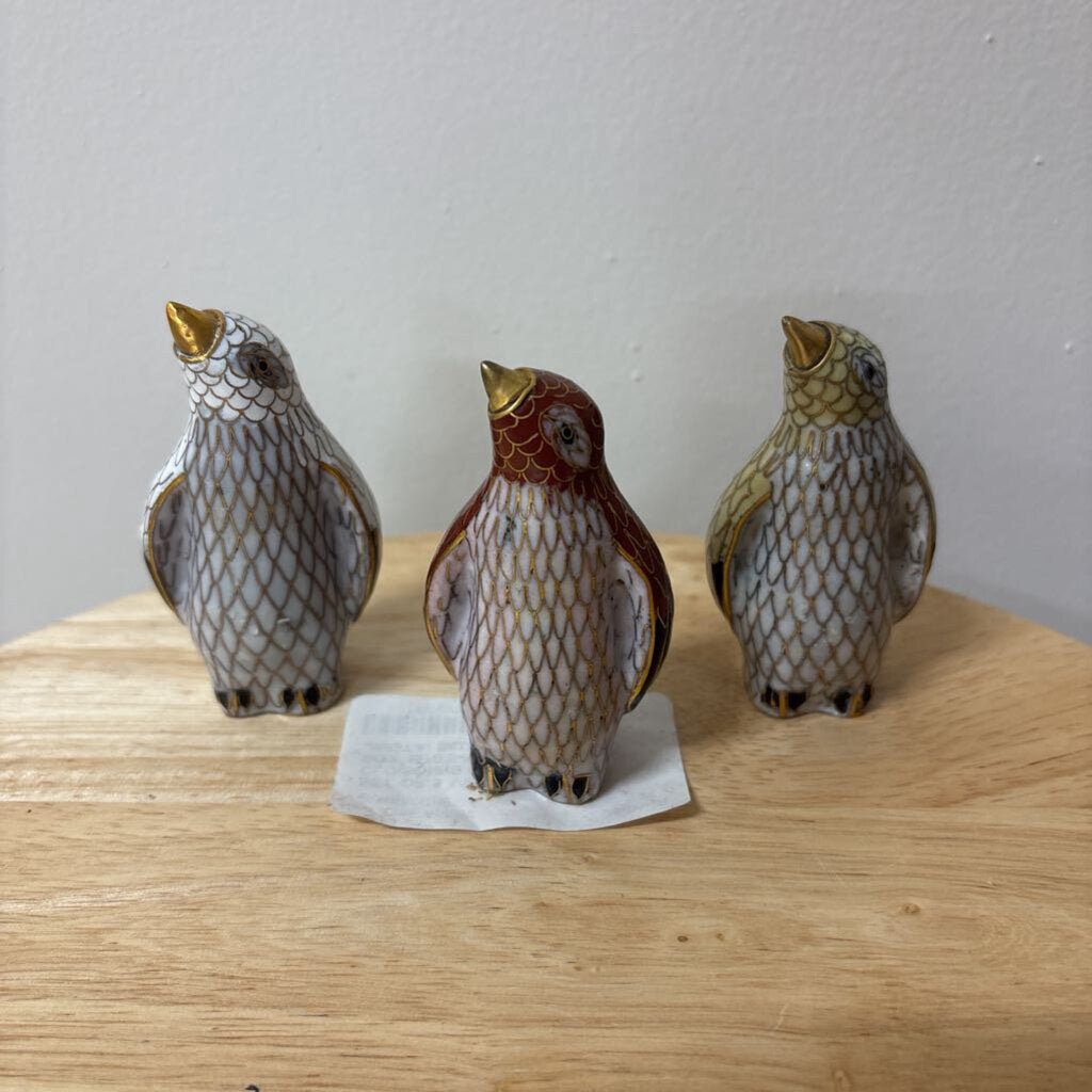 SET OF 3 VINTAGE ASIAN CLOISONNE PENGIUNS IN ORIGINAL BOX 1970'S-1980'S TRADITIONAL JINGTAI BLUE TECHNIQUE COLLECTIBLE