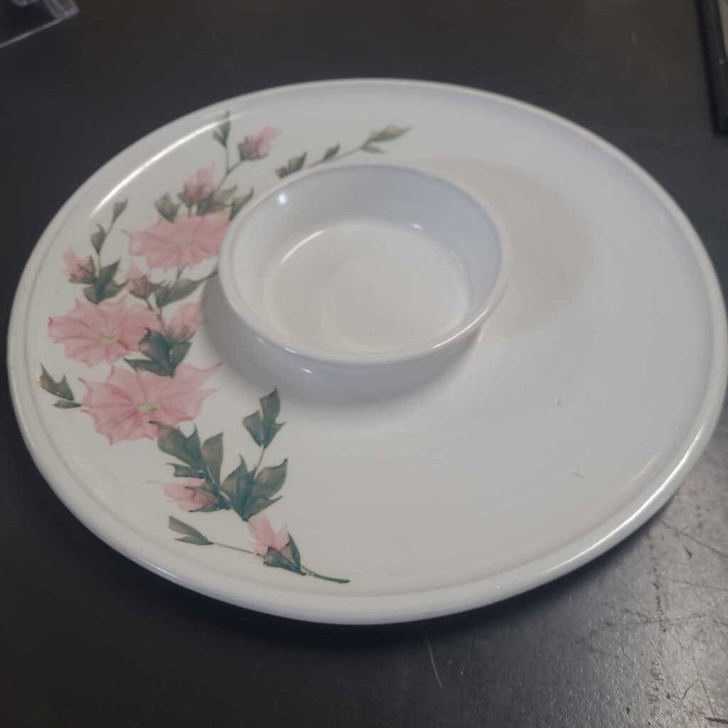 WHITE W/PINK FLOWERS CHIP & DIP PLATE