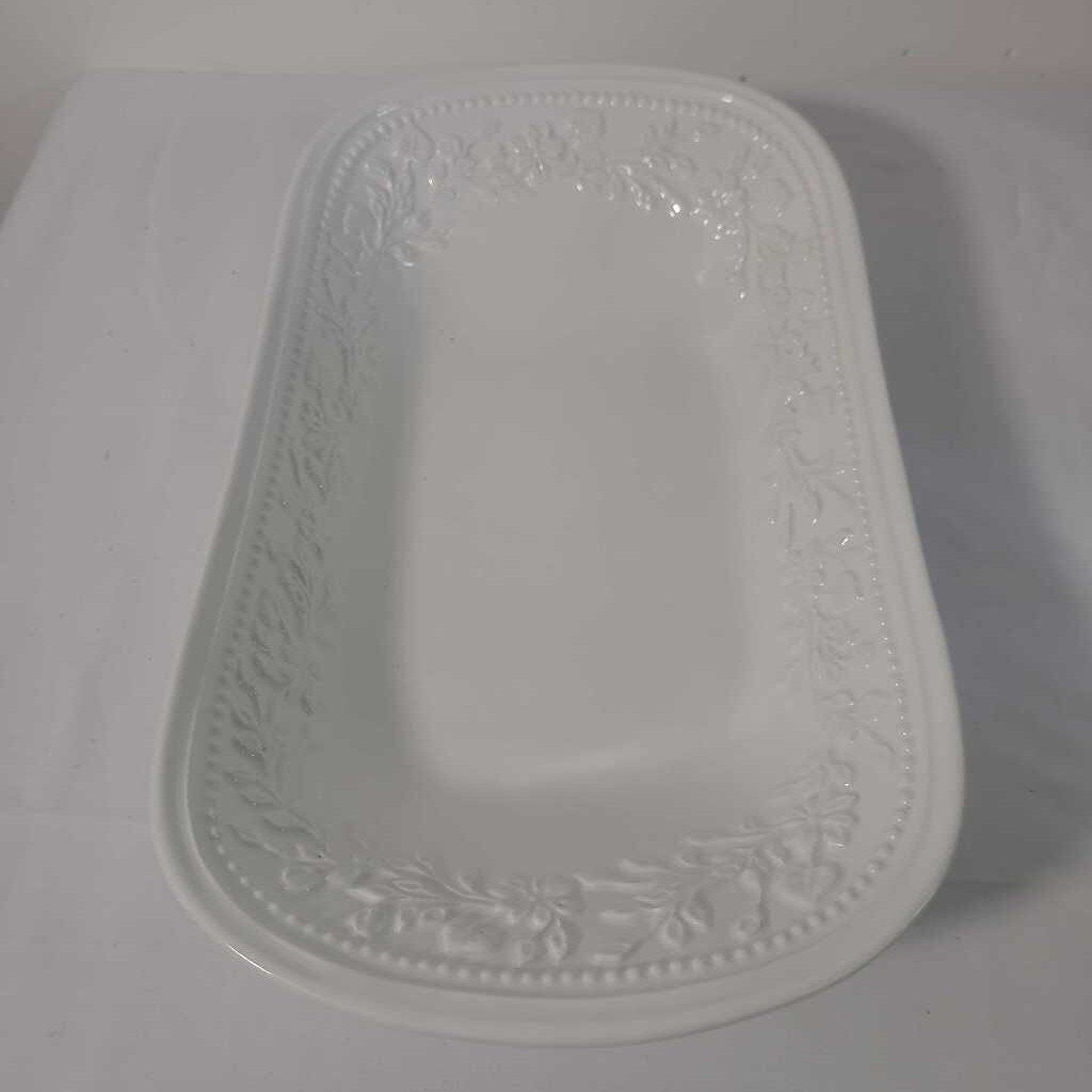 WHITE SERVING BOWL W/ EMBOSSES FLORAL PATTERN