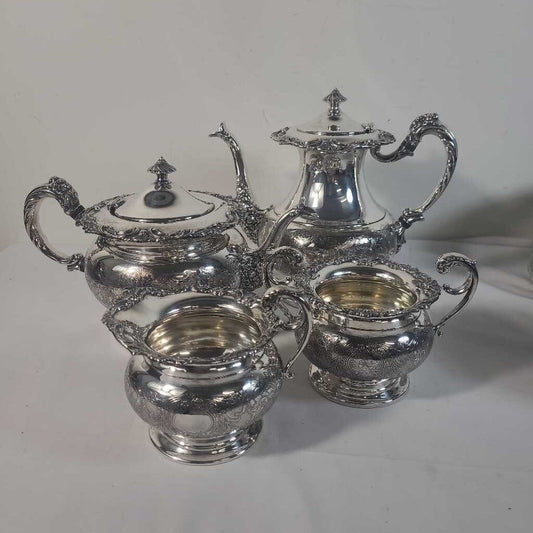 SILVER PLATE COFFEE &TEA POT, CREAM & SUGAR SET