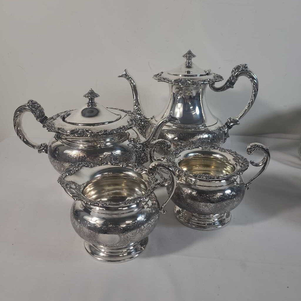 SILVER PLATE COFFEE &TEA POT, CREAM & SUGAR SET