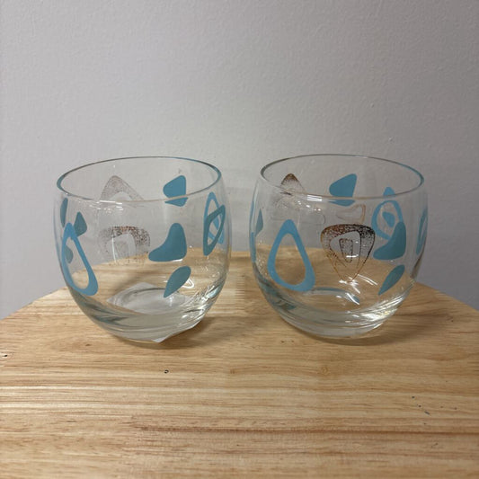 SET OF 2 1950'S FEDERAL GLASS LOW BALL OR "ROLY POLY" TUMBLERS ATOMIC AMOEBA OR BOOMERANG PATTERN STEMLESS WINE OR COCKTAILS
