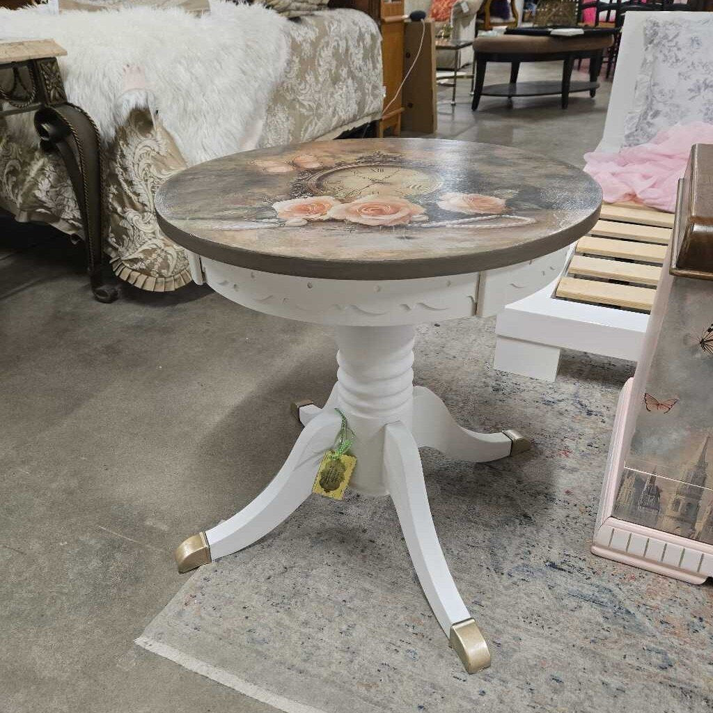 NEWLY REFINISHED BUTTERFLY & CLOCK ACCENT TABLE