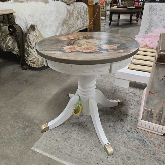 NEWLY REFINISHED BUTTERFLY & CLOCK ACCENT TABLE