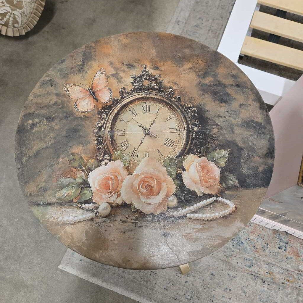 NEWLY REFINISHED BUTTERFLY & CLOCK ACCENT TABLE
