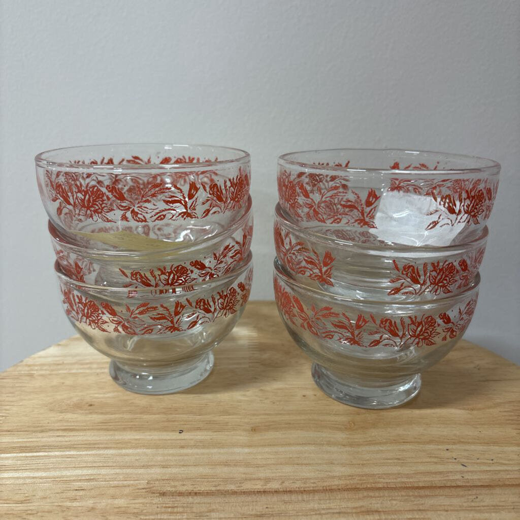 SET OF 6 FOOTED DESSERT BOWLS FEDERAL GLASS WITH SCREEN PRINTED DESIGN 1950'S TO 69