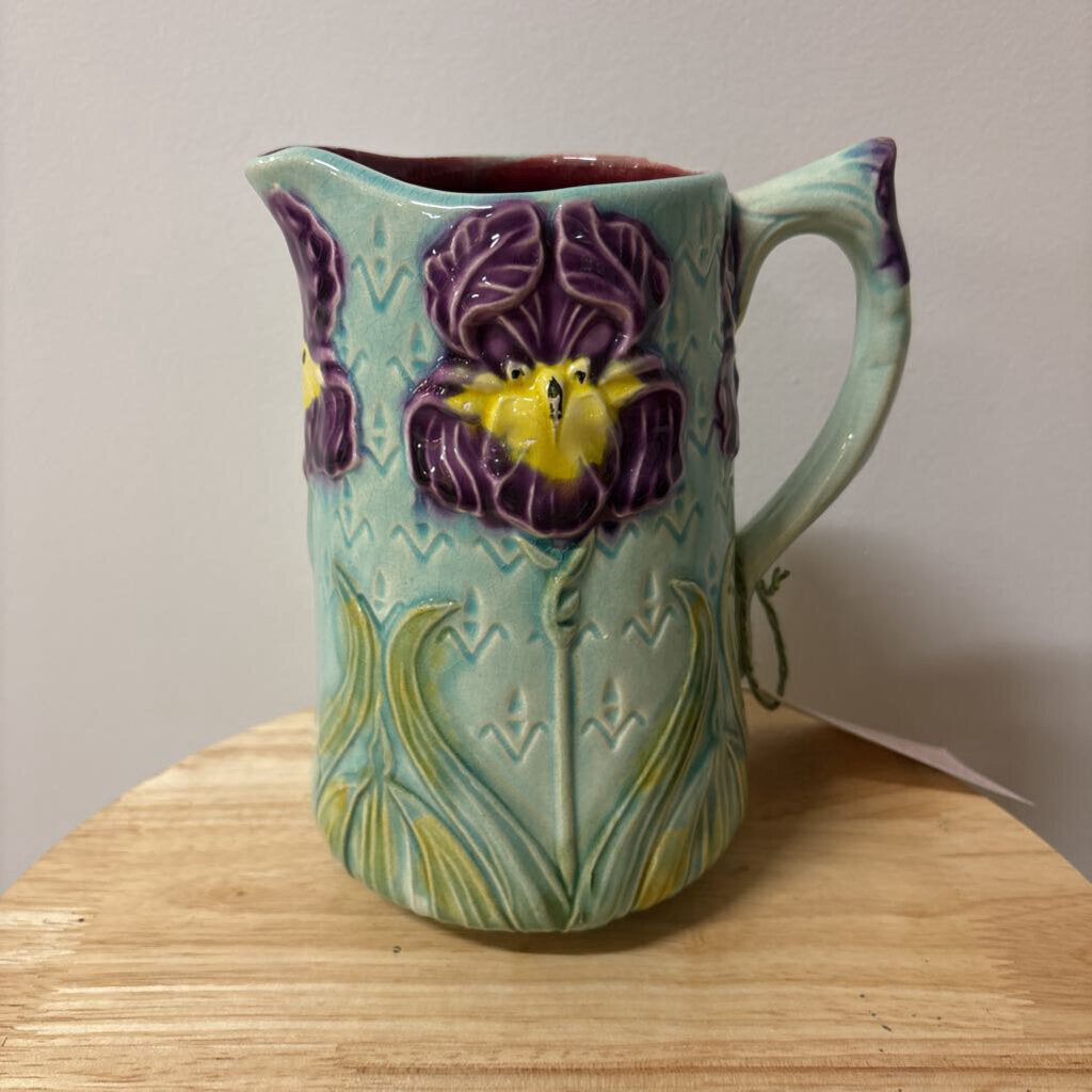 FRENCH MAJOLICA IRIS PITCHER 1920S ART NOUVEAU RARE FIND