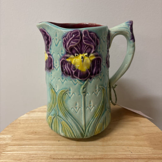 FRENCH MAJOLICA IRIS PITCHER 1920S ART NOUVEAU RARE FIND