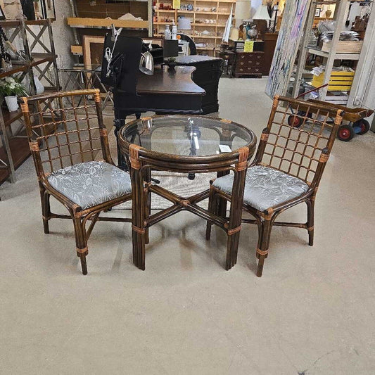 GLASS TOP RATTAN TABLE W/2 CHAIRS