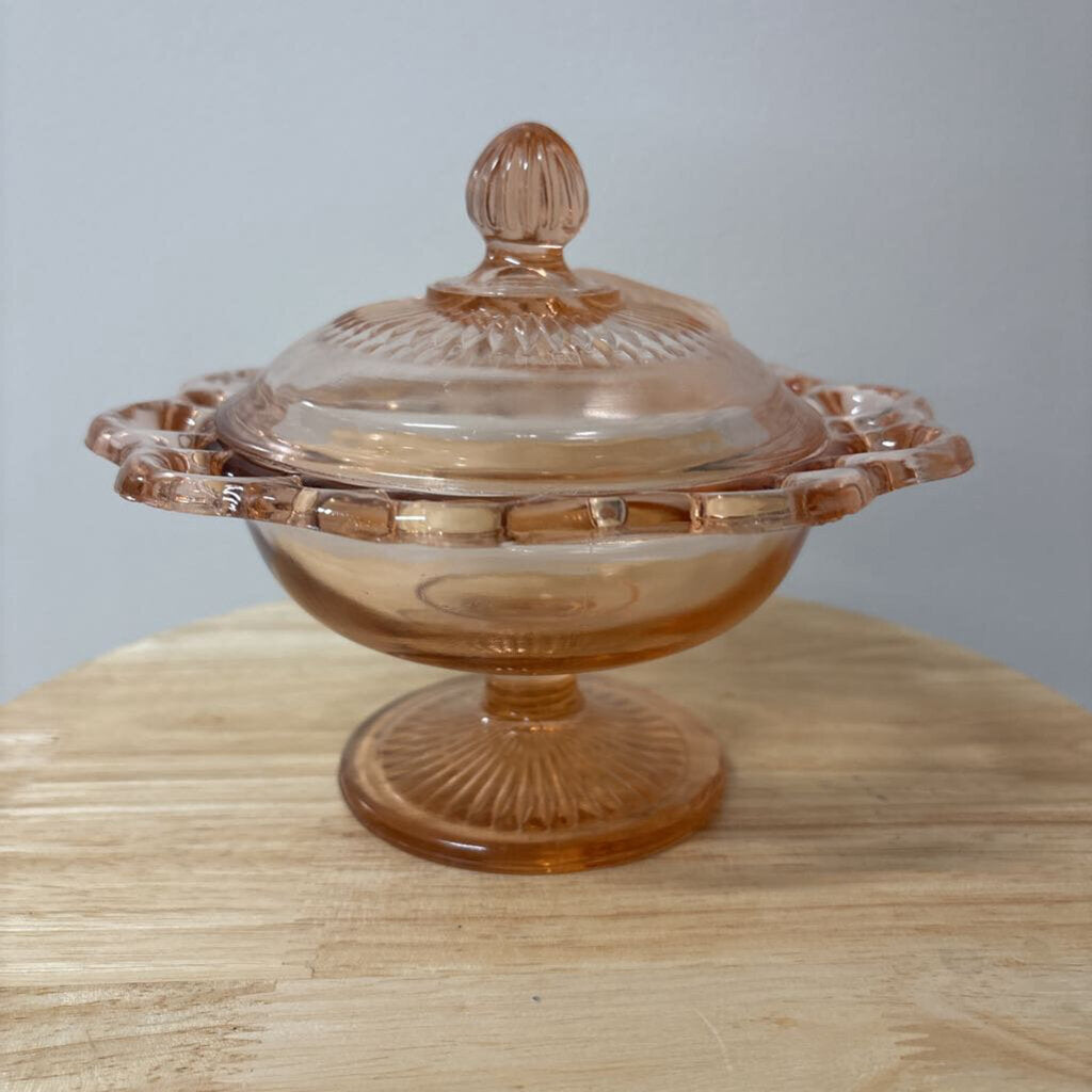 CANDY DISH WITH LID "OLD COLONY OR LACE EDGE" PATTERN ANCHOR HOCKING PINK DEPRESSION GLASS 1935 -19388