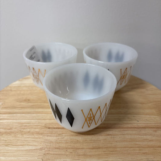 SET OF 3 CUSTARD DISHES VTG FEDERAL GLASS "ATOMIC HARELQUIN " PATTERN 1950'S