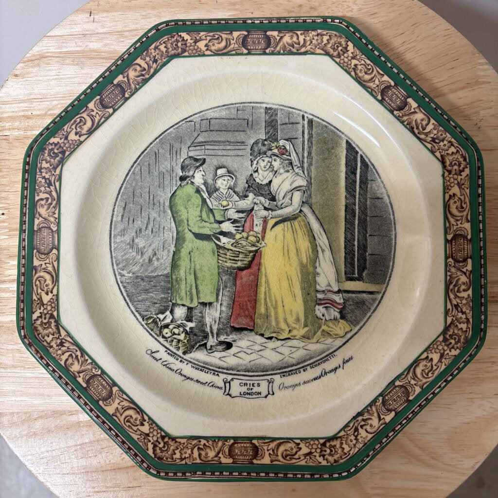 DECORATIVE OCTANGLE PLATE FROM "CRIES FROM LONDON" SERIES BY ADAMS ENGLAND " SWEET CHINA ORANGES BY FRANCIS WHEATLEY CERAMIC IRONSTOME 1925-65