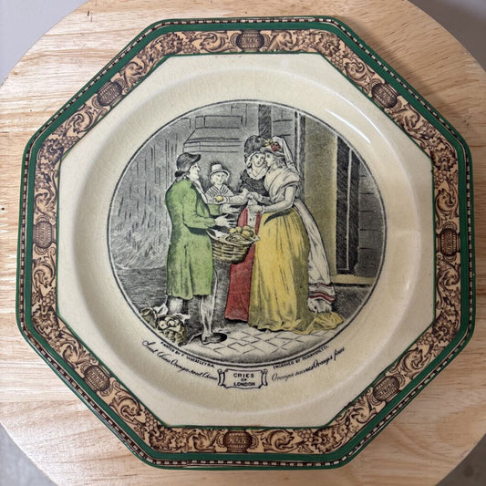 DECORATIVE OCTANGLE PLATE FROM "CRIES FROM LONDON" SERIES BY ADAMS ENGLAND " SWEET CHINA ORANGES BY FRANCIS WHEATLEY CERAMIC IRONSTOME 1925-65