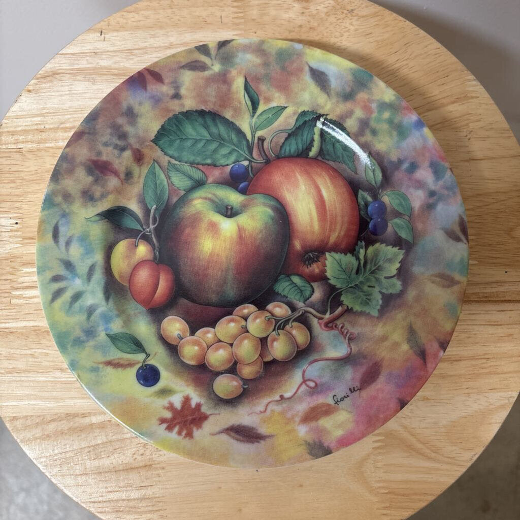 SET OF 3 VTG EMAIL DE LIMOGES GODINGER SALAD PLATES HAND PAINTED FRUIT MOTIF STILL LIFE DISCONTINUED PATTERN 1980S
