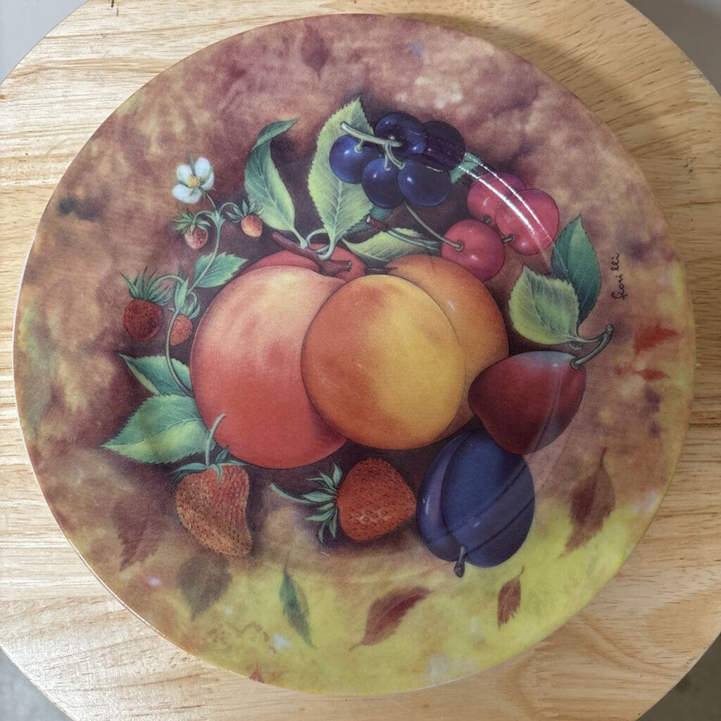 SET OF 3 VTG EMAIL DE LIMOGES GODINGER SALAD PLATES HAND PAINTED FRUIT MOTIF STILL LIFE DISCONTINUED PATTERN 1980S