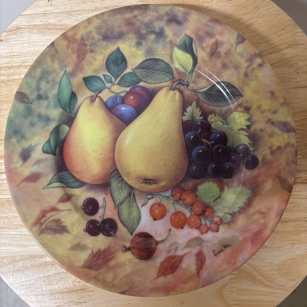 SET OF 3 VTG EMAIL DE LIMOGES GODINGER SALAD PLATES HAND PAINTED FRUIT MOTIF STILL LIFE DISCONTINUED PATTERN 1980S