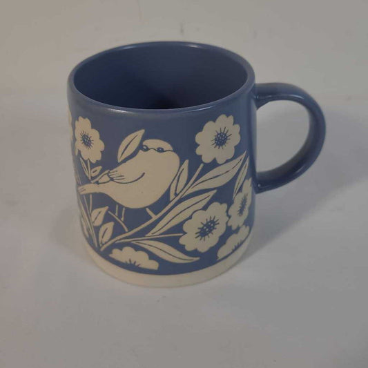 BLUE MUG W/ FLOWERS & BIRDS