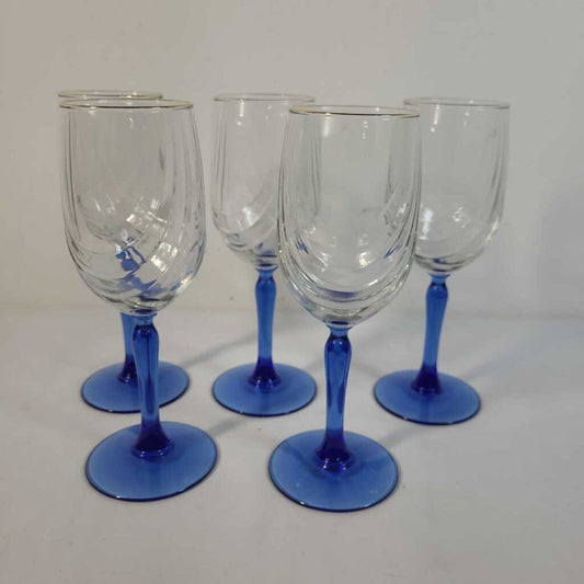 S/5 VTG LENOX BLUE STEM DUAL SWAG CRYSTAL WINE GLASSES
