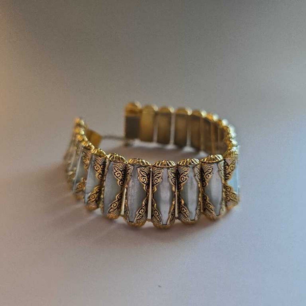 1960s Spain Gold Plated Niello Bar Bracelet with MOP