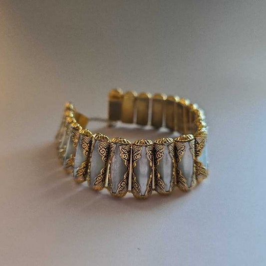 1960s Spain Gold Plated Niello Bar Bracelet with MOP
