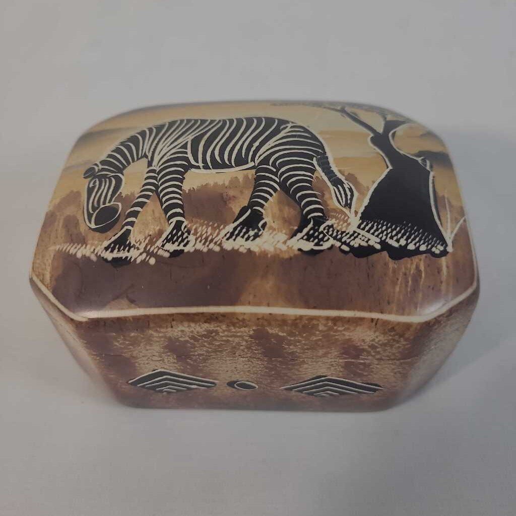 HAND-PAINTED SOAPSTONE ZEBRA TRINKET BOX