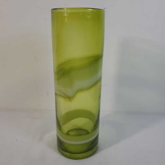 GREEN GLASS VASE W/WHITE SWIRL