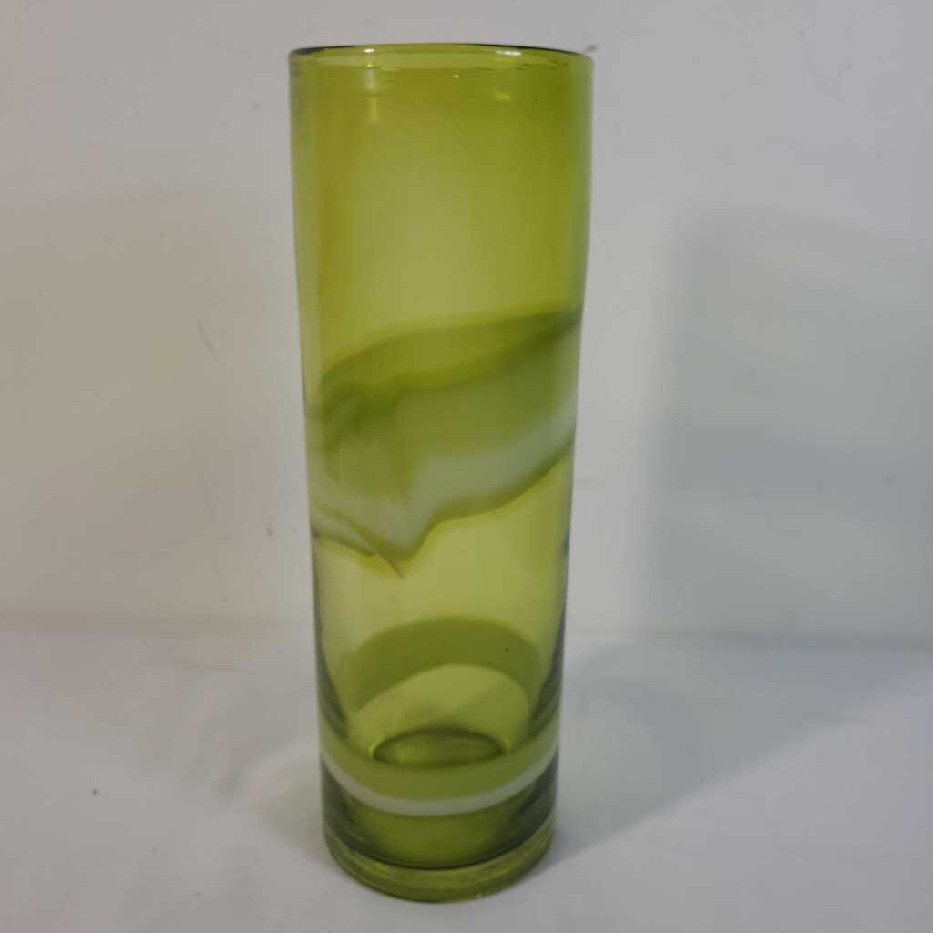 GREEN GLASS VASE W/WHITE SWIRL