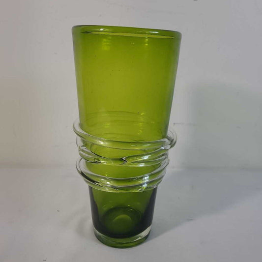 GREEN GLASS VASE W/BLOWN GLASS ON EXTERIOR