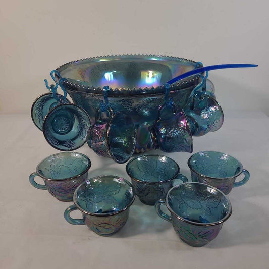 BLUE CARNIVAL GLASS PUNCH BOWL W/11 CUPS & LADLE
