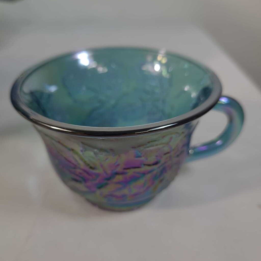 BLUE CARNIVAL GLASS PUNCH BOWL W/11 CUPS & LADLE
