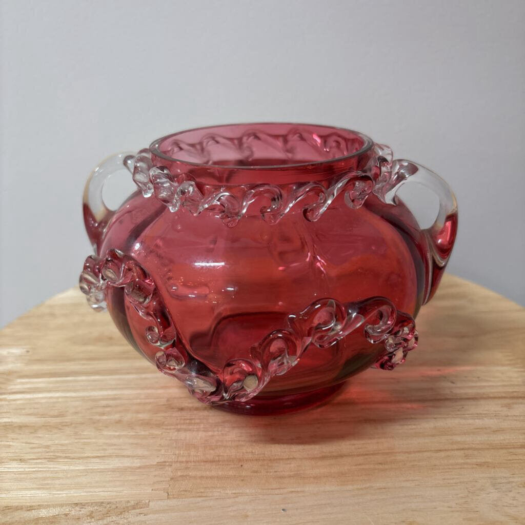 VICTORIAN CRANBERRY GLASS HAND BLOWN DOUBLE HANDLED VASE/BOWL