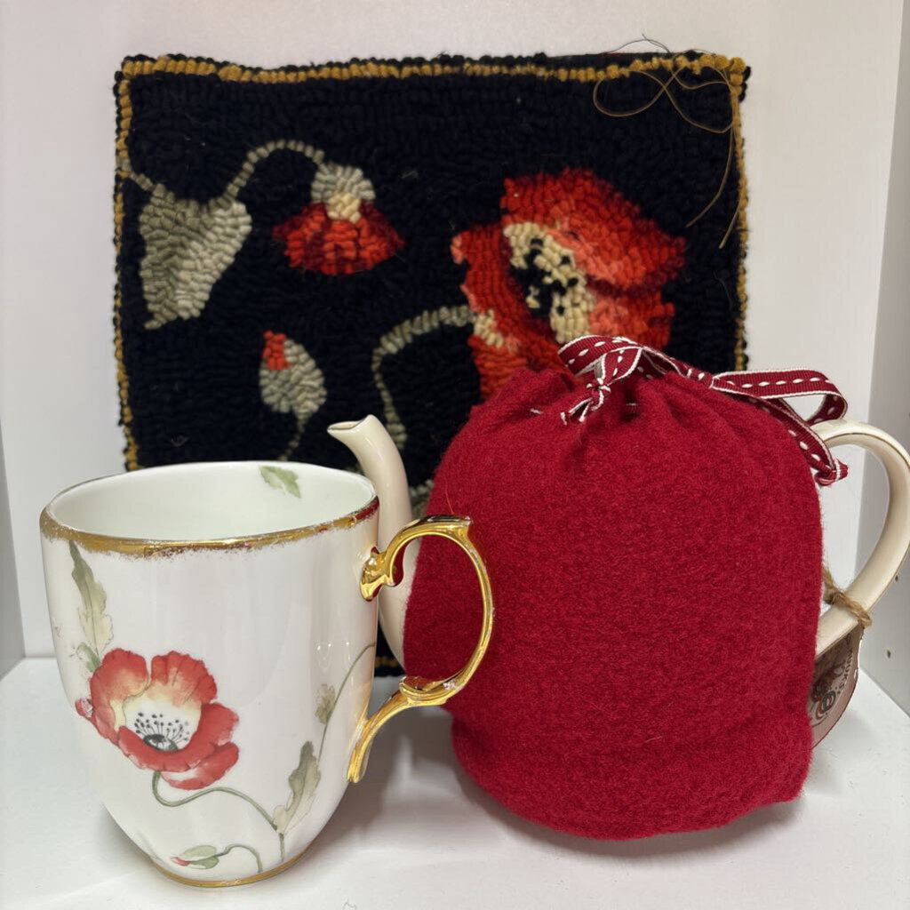 Royal Albert Poppy Mug, Tea Pot and cozy with rug hooked mat
