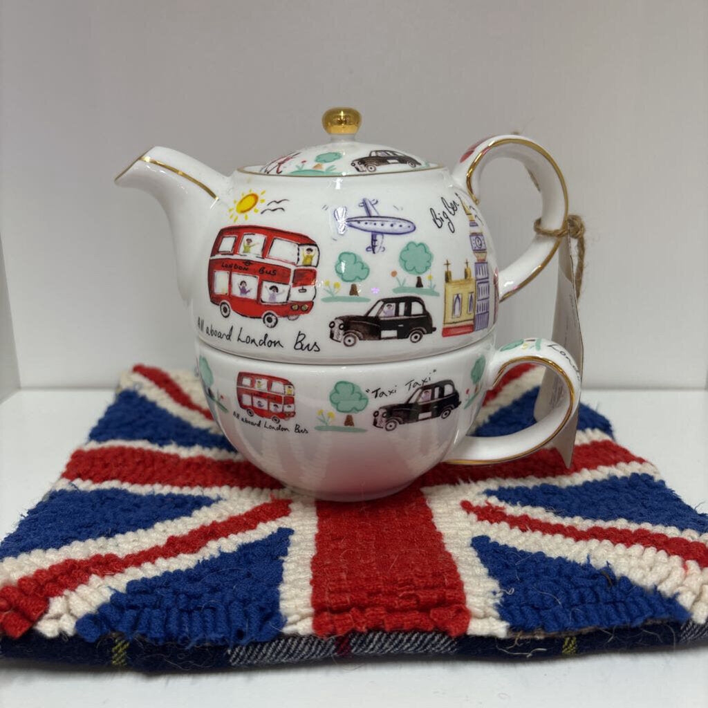 British "Tea for One" and rug hooked mat