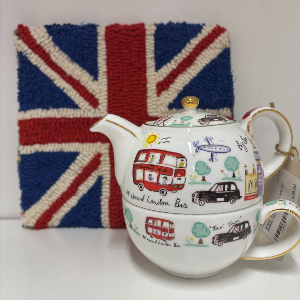 British "Tea for One" and rug hooked mat