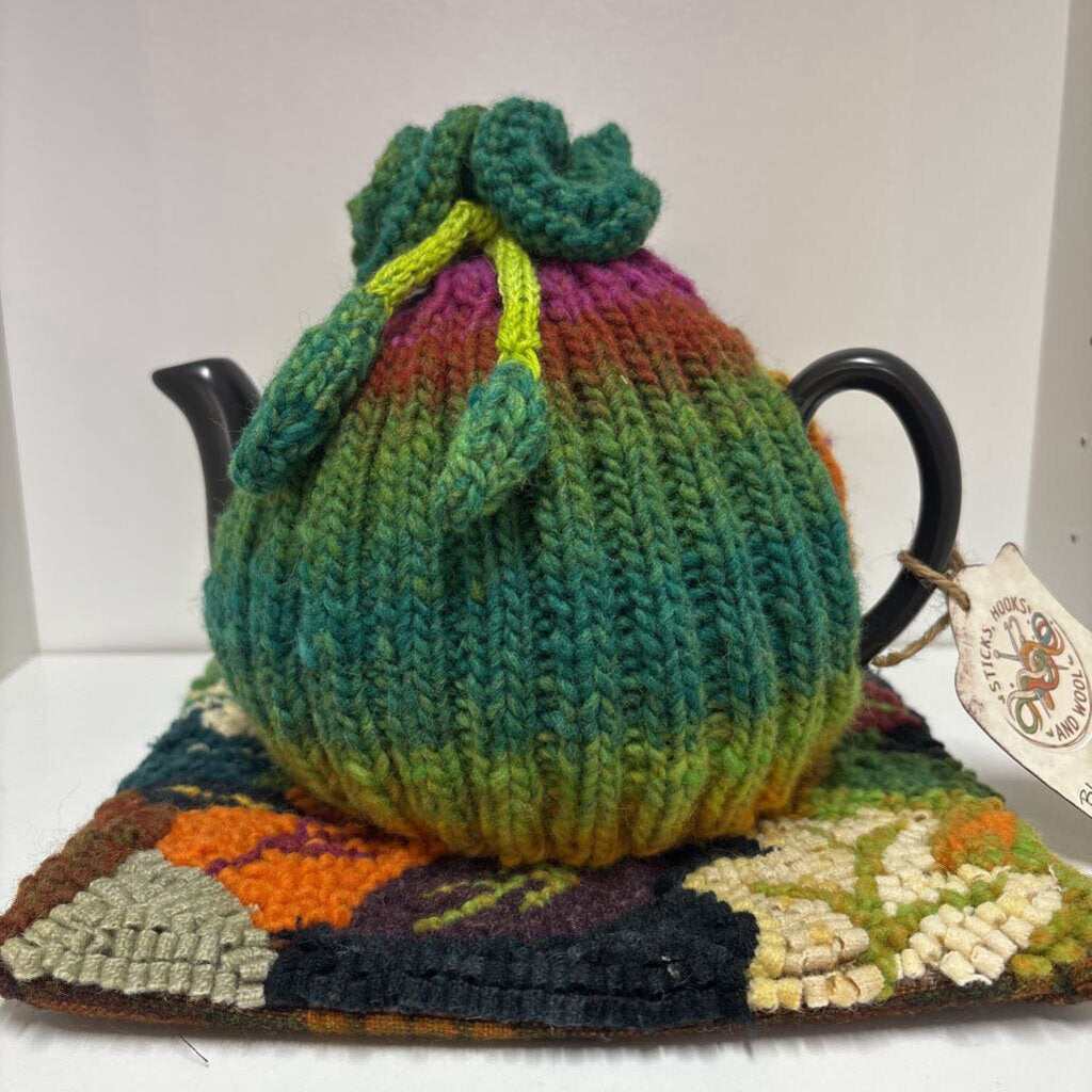 Black Tea Pot with knit cozy and Oak Leaf Mat