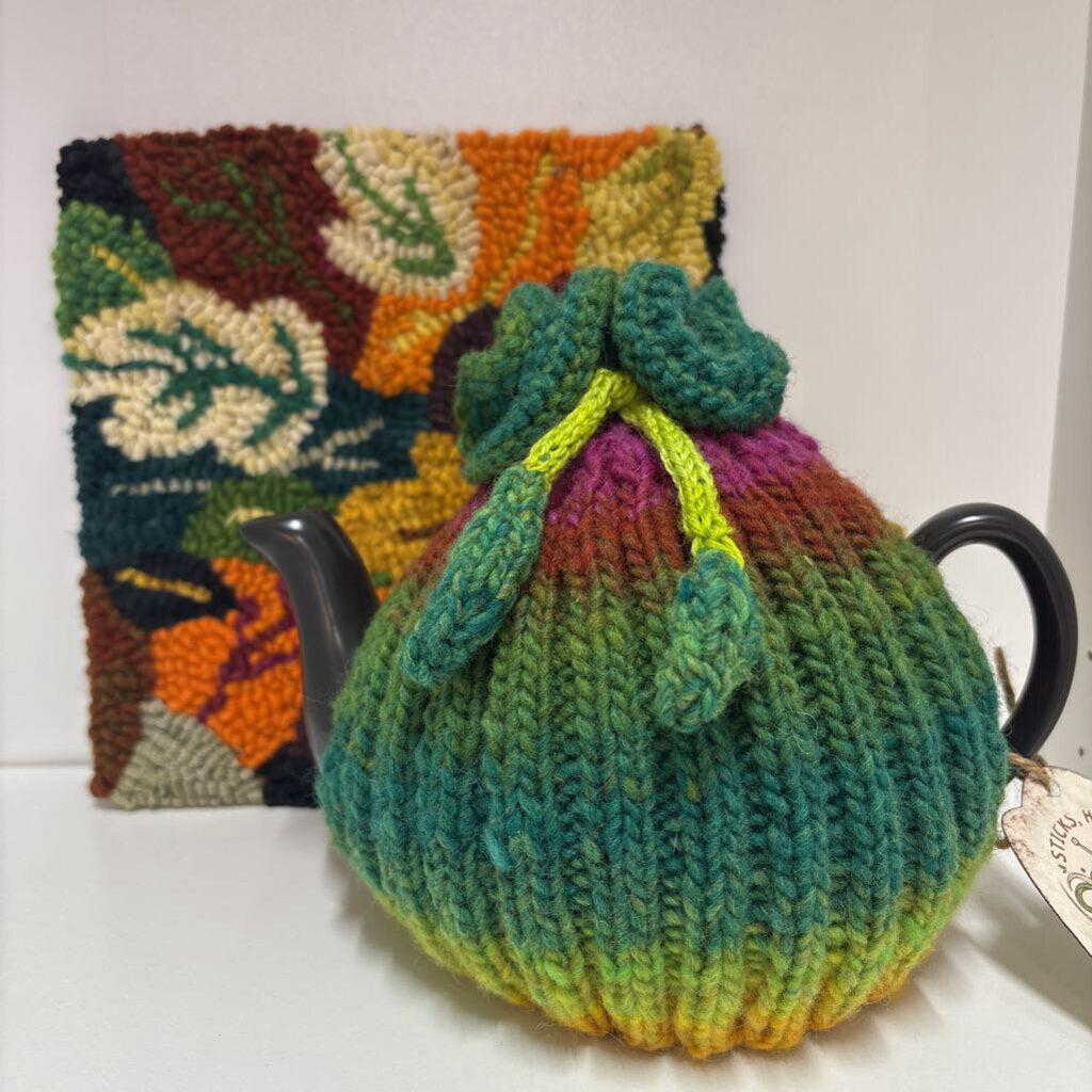 Black Tea Pot with knit cozy and Oak Leaf Mat