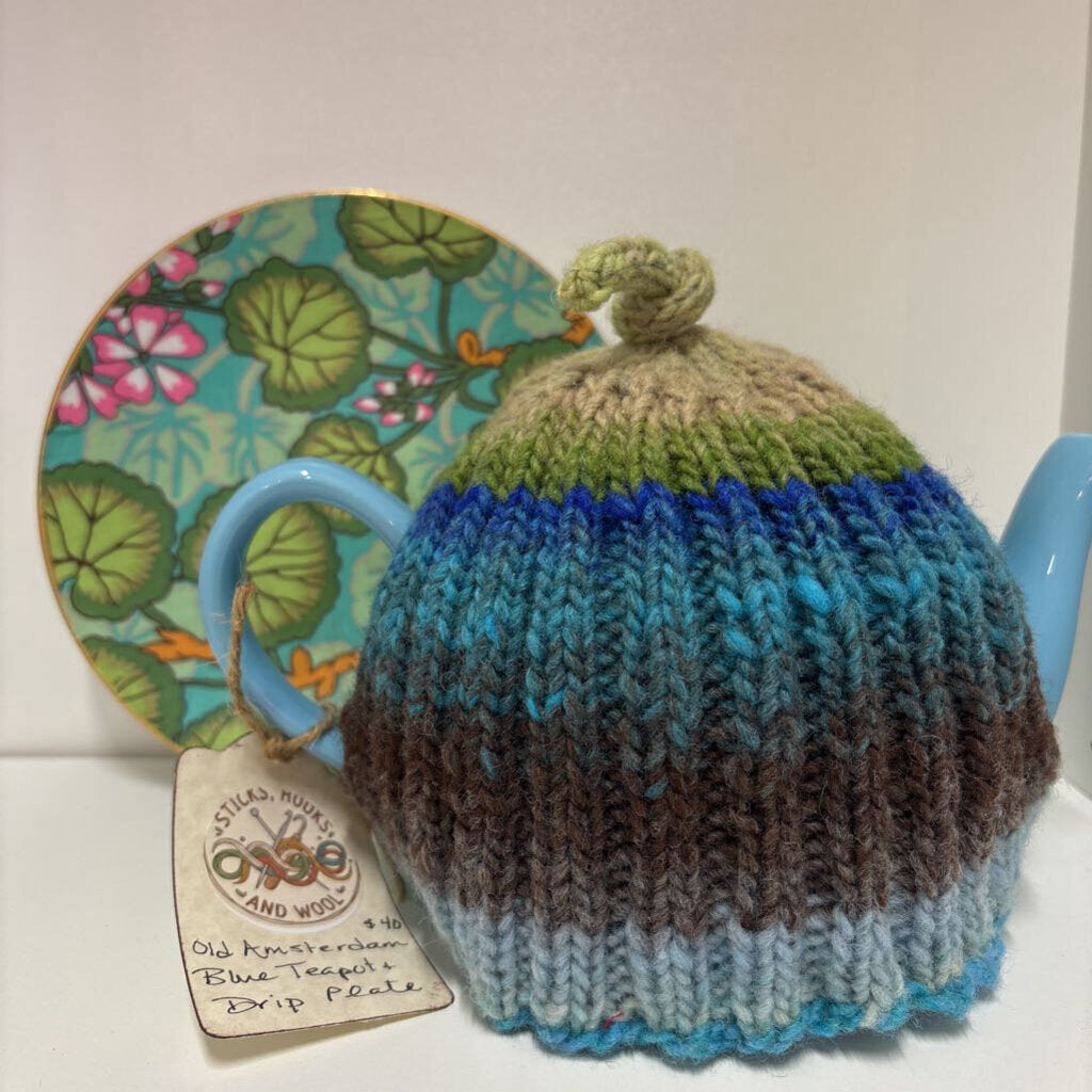 Old Amsterdam Tea Pot with Knit cozy and drip plate