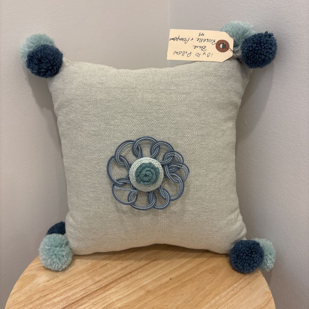 Pillow-10x10--Blue with rosette and pompoms