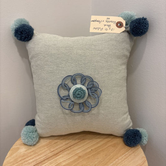 Pillow-10x10--Blue with rosette and pompoms